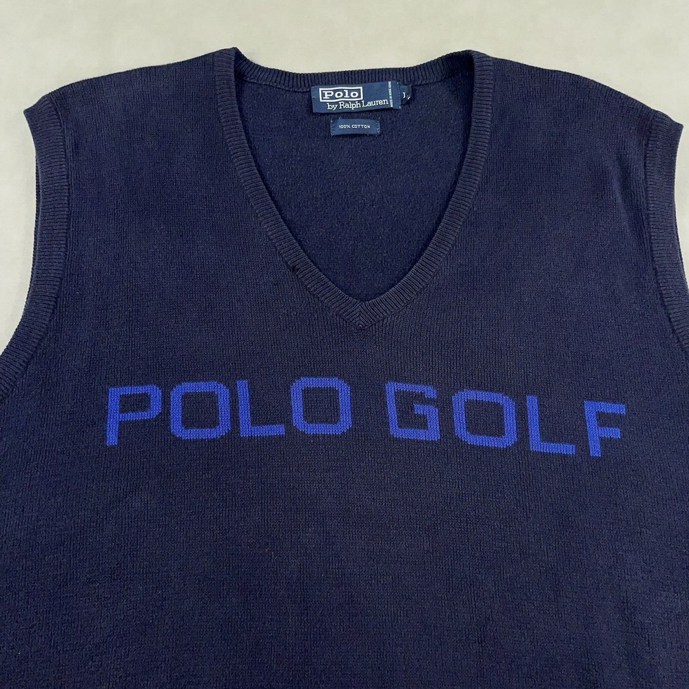 Vintage Polo Ralph Lauren Sweater Vest Mens L Blue Knit Polo Golf Spell Out 90s